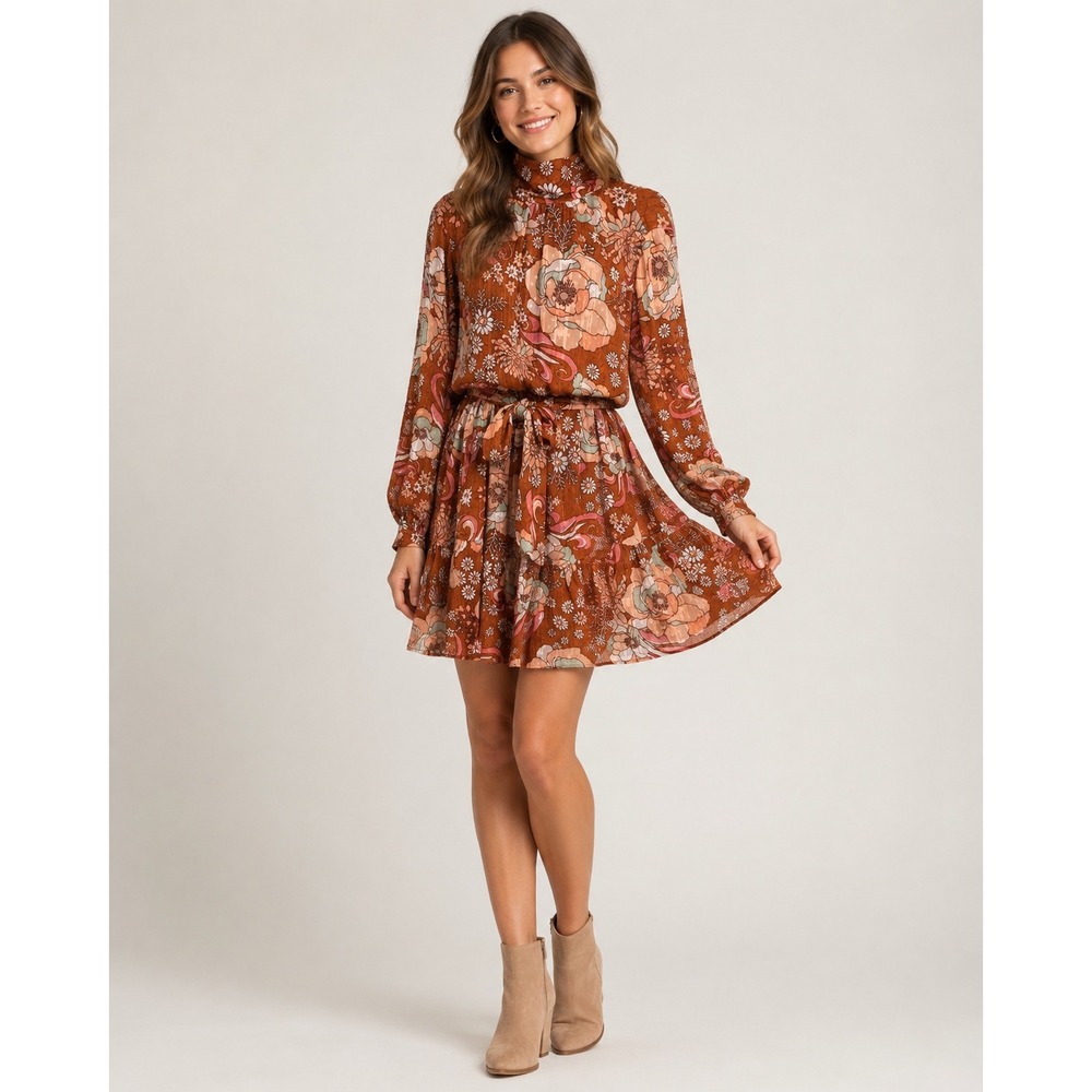 ryegrass Maxi Dress Womens Large Brown Victorian Romantic Floral Fall Belted NEW